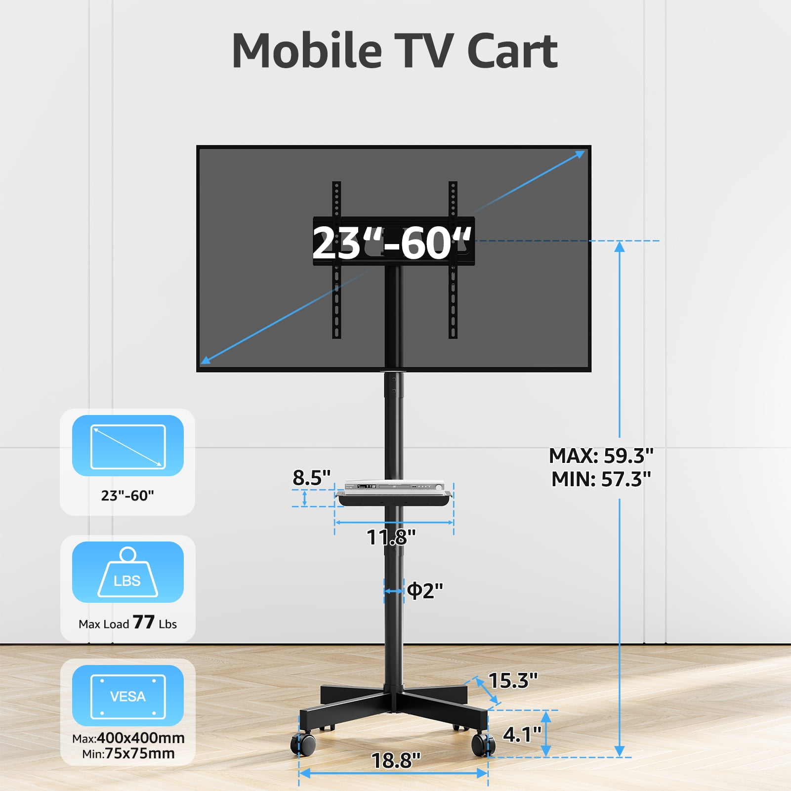 HOMOUNT Mobile TV Stand,Rolling TV Cart for 24-60" TVs, Portable TV Floor Stand with Wheels,Adjustable Shelf & Tilt,Max VESA 400x400mm,up to 77 lbs