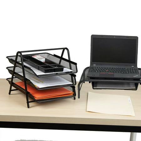 Mind Reader - Mesh Monitor Stand and 3 Tier Paper Organizer - Black