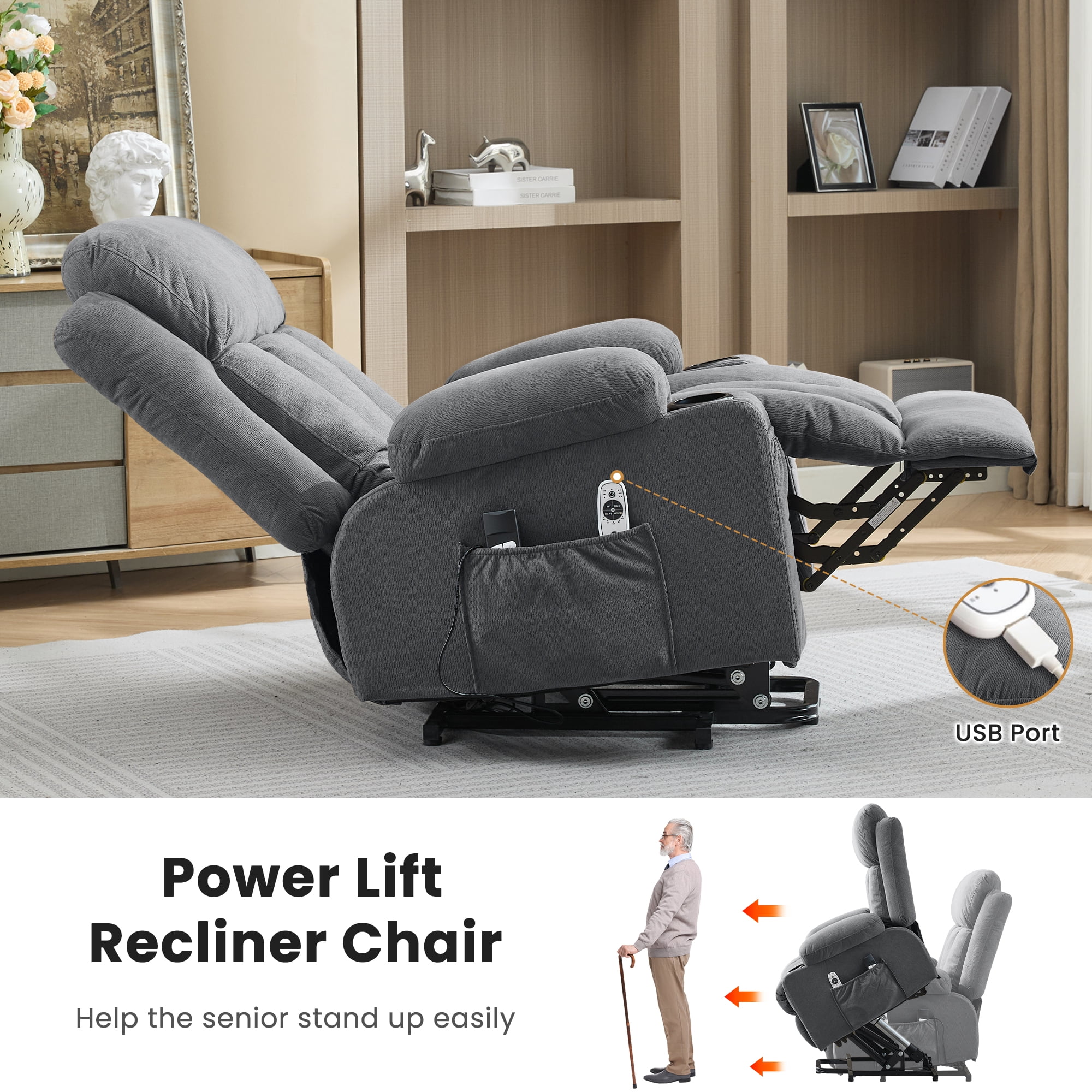 Segmart Power Lift Recliner Chair with Vibration Massage and Heat Ergonomic Lounge Chair for Living Room with Rocking Function and Side Pocket, 2 Cup Holders, USB Charge Port, Gray