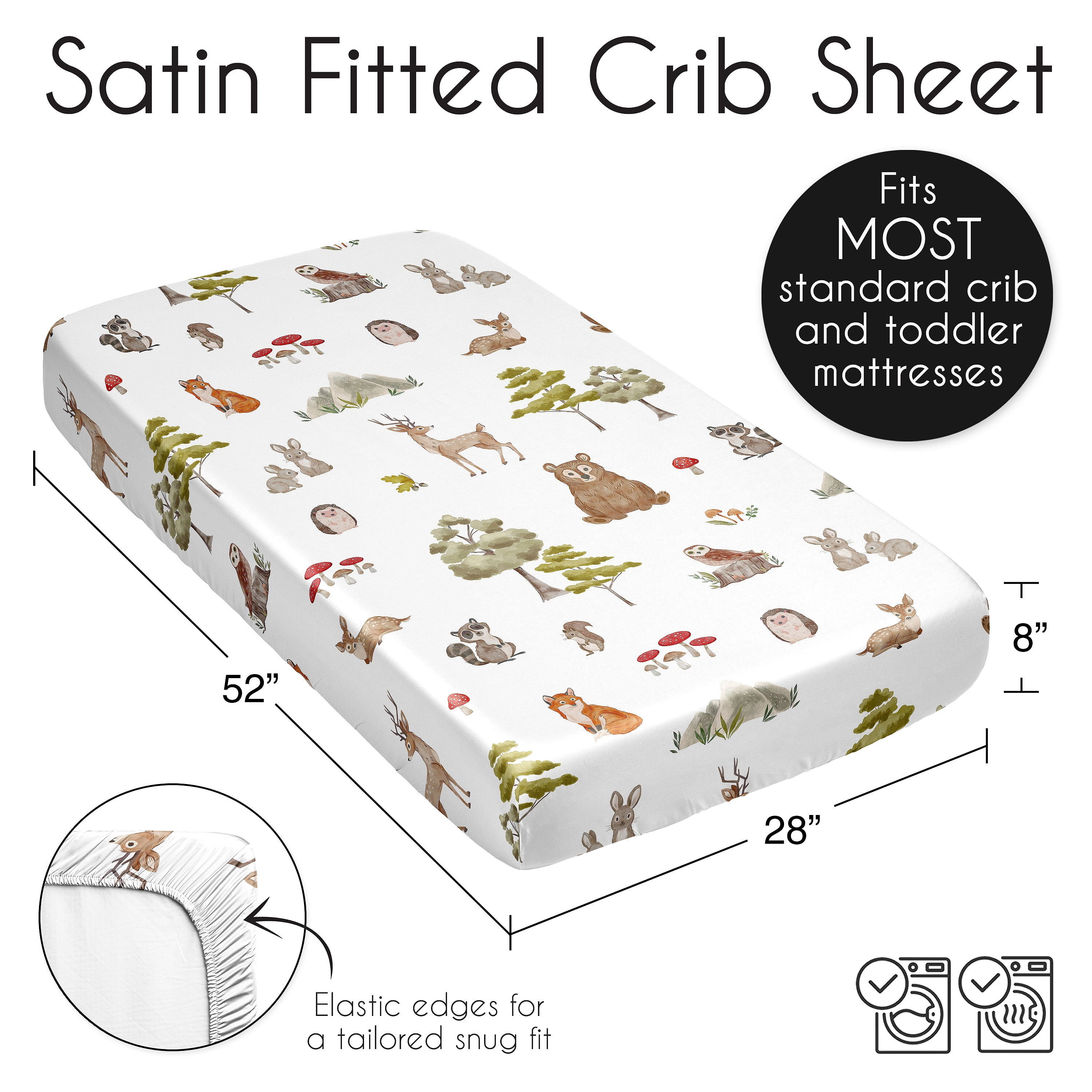 Sweet Jojo Designs Watercolor Woodland Forest Animals Boy Girl Gender Neutral Unisex Satin Fitted Crib Sheet