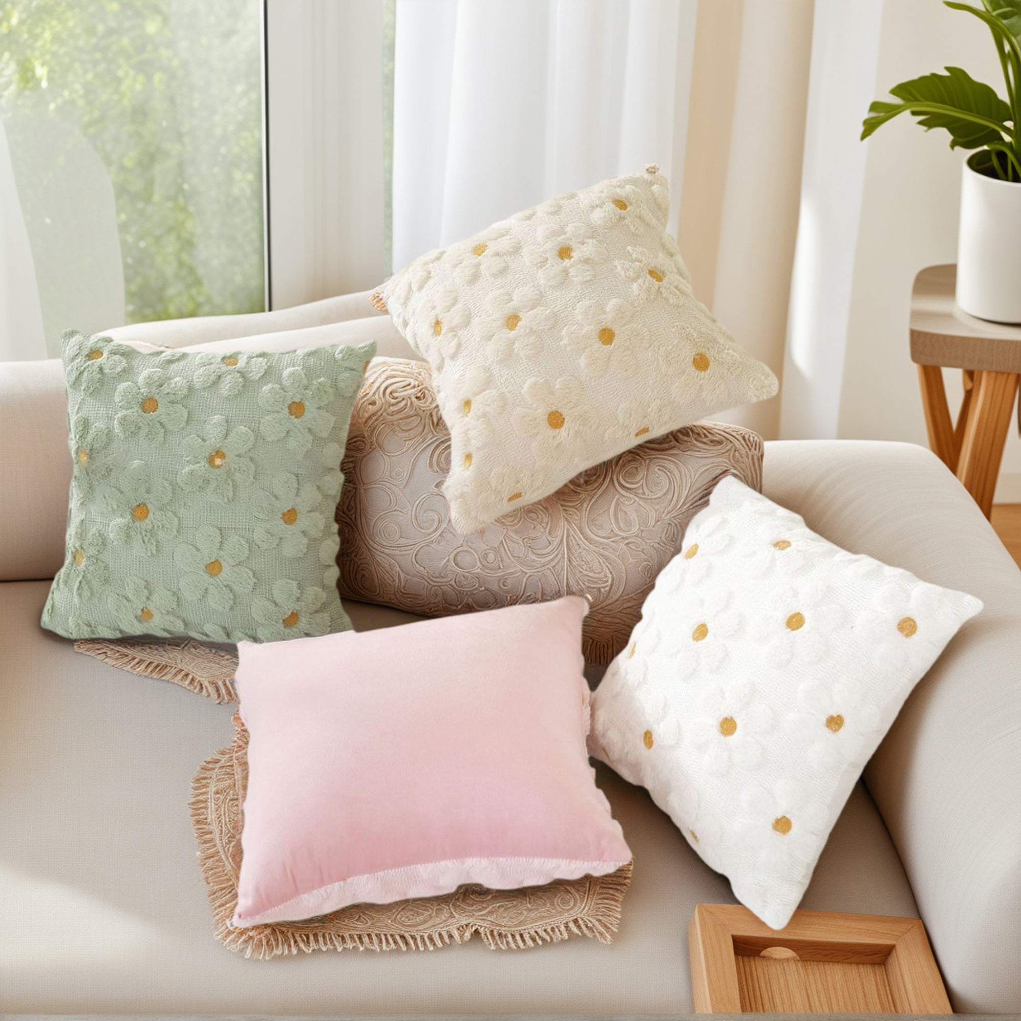Unique Bargains Throw Pillow Covers Set of 2 Floral Pillows for Sofa Decor Beige