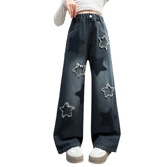 KVPLBQFD Girls Baggy Jeans Kids Y2K Star Print Denim Pants Casual Wide Leg Denim Jean for Teens Loose Distressed Trousers