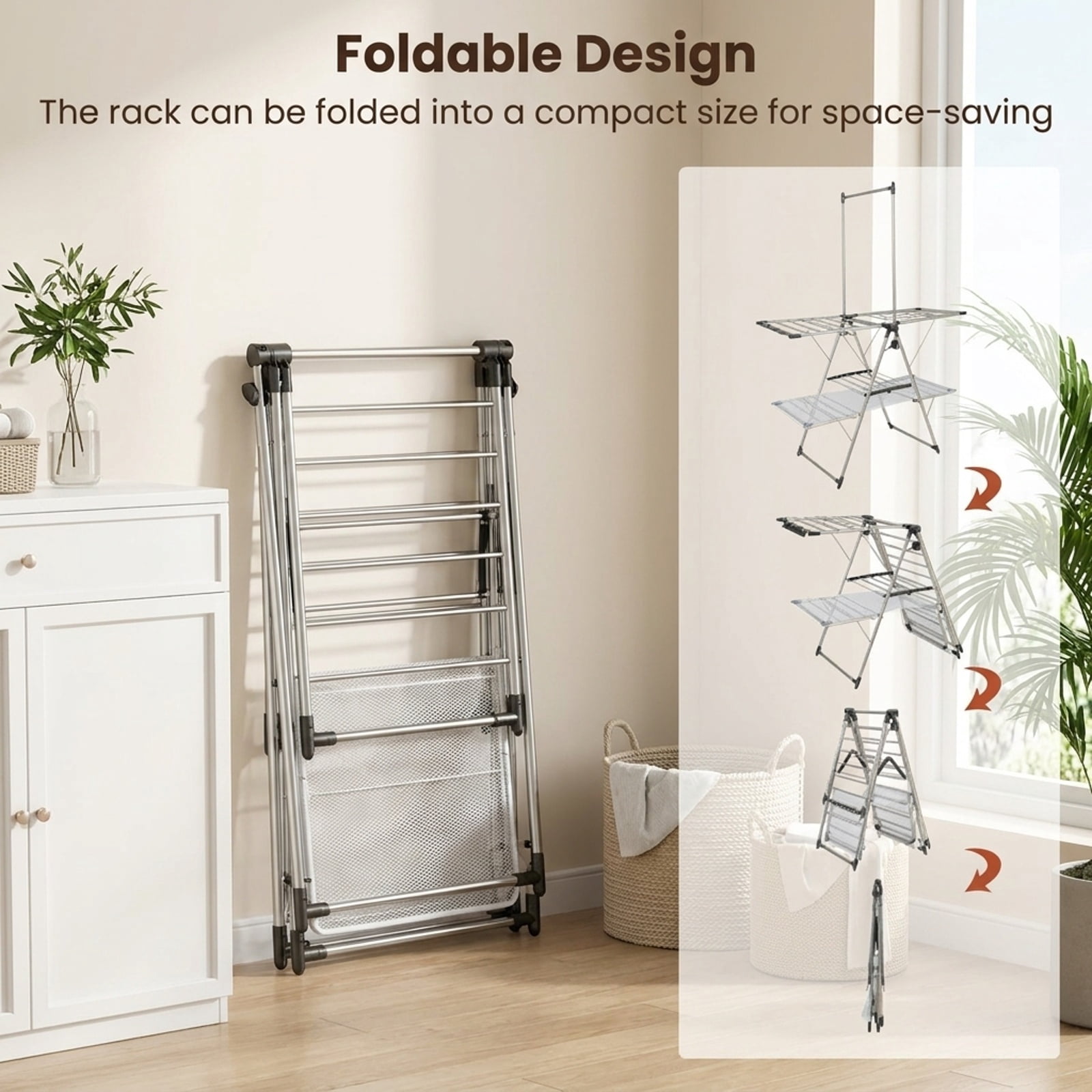 Vebreda Large Foldable Clothes Drying Rack with Tall Hanging Bar, Smart Drying Solution, Height Adjustable Gullwing, Superior Stainless Steel