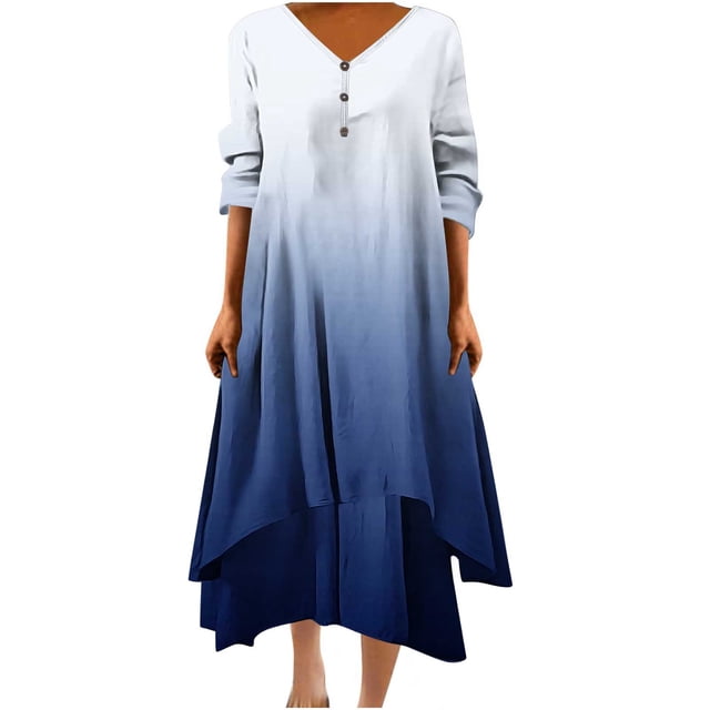 cfhntfmh Robe Tendance pour Femmes Lounge Imprimée Manches 3/4 Robe Midi Ample Automne Ample Col en V Fluide à Étages Grande Taille