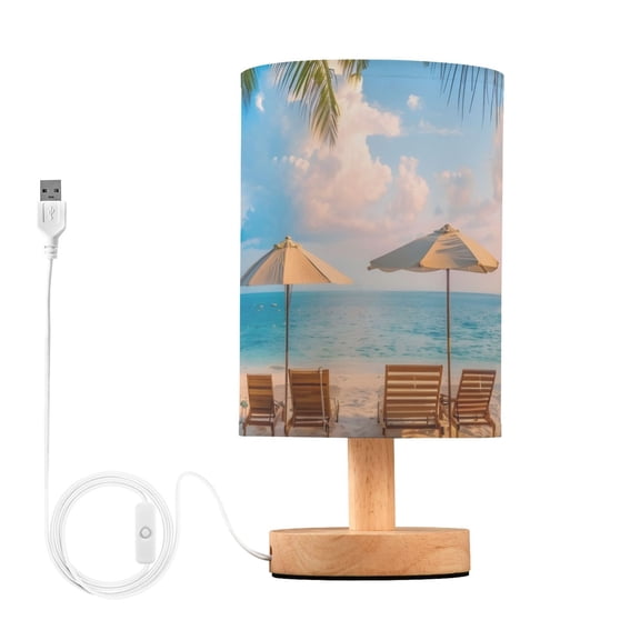 Beach Chairs Trees Sky Table Lamp USB Bedside Desk Nightstand Lamp Printed Gifts Small Lamp Wood Base for Bedroom Living Room Kids Room College Dorm
