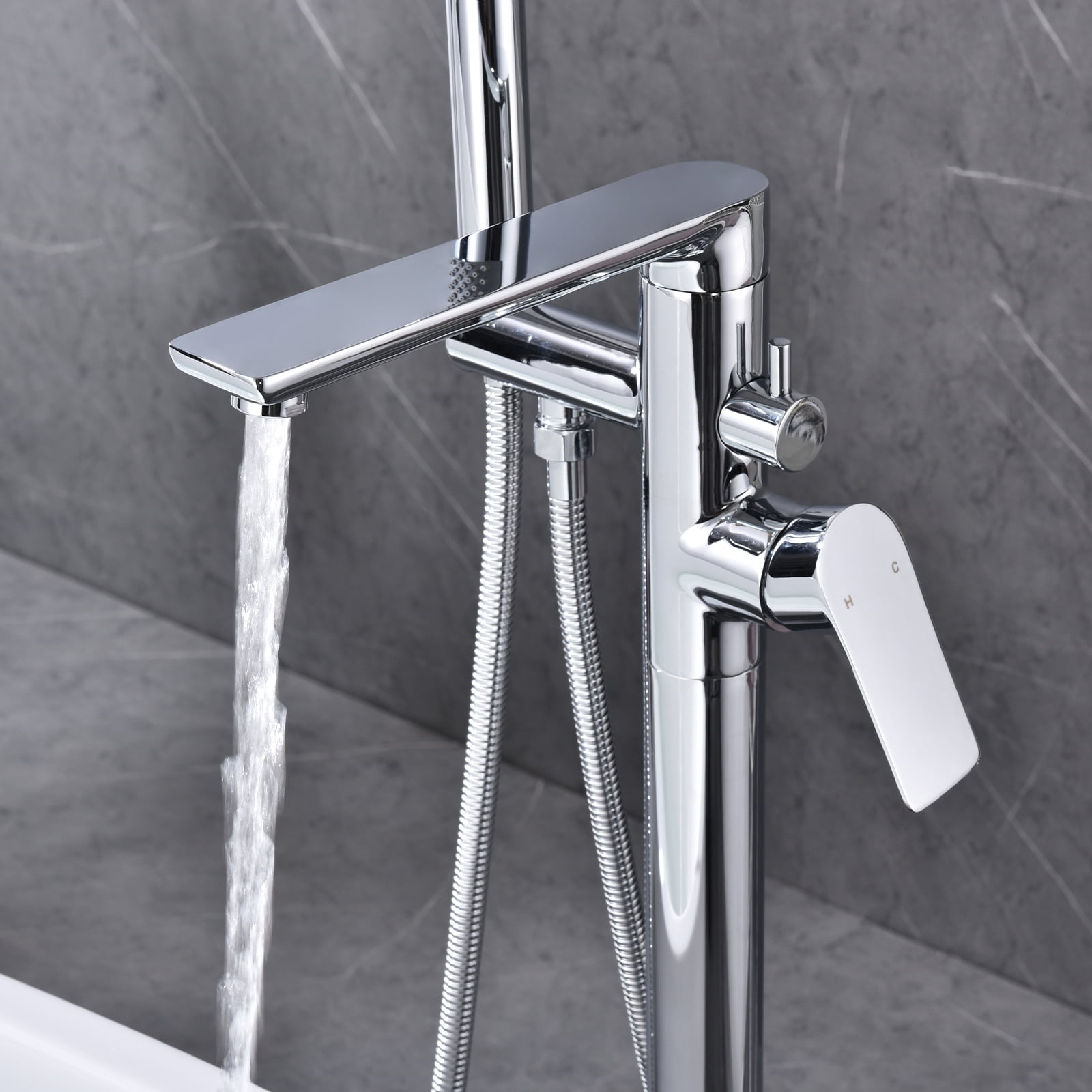 Dawot Floor Mount Bathtub Faucet, 2 Function Brass Chrome Bathroom Freestanding Tub Filler Single Handle with Hand Shower