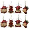thumbnail image 1 of Adornos rústicos para árbol de Navidad, medias de arpillera, bolas de Navidad, campanas de árbol con cuadros rojos y verdes de moda para decoración de fiestas navideñas, 8 unidades, 1 of 8