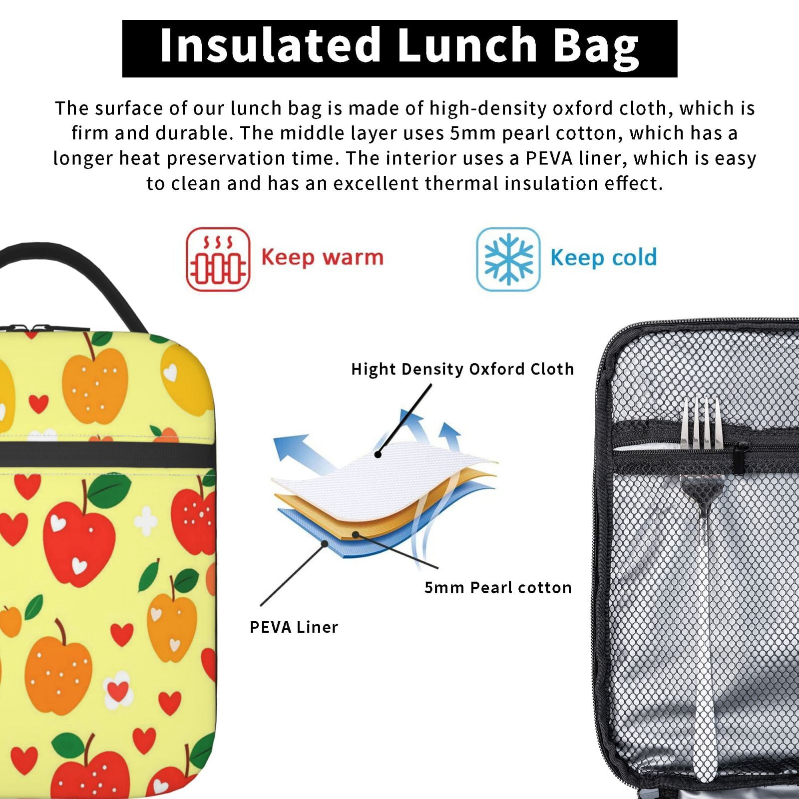 Lunch Bag For Women Men Insulated Portable Lunch Box Bento Box Office Picnic Travel Cooler Bag Yellow And Red Apples