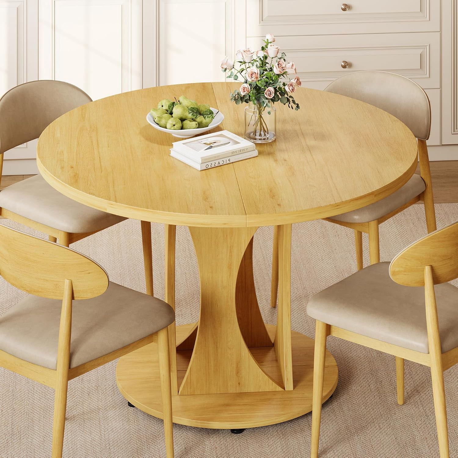 Virans 43.3"-59" Extendable Round Dining Table for 6-8,Kitchen Table with MDF,Modern Dinner Table for Dining Rooms,Living Rooms,Natrual