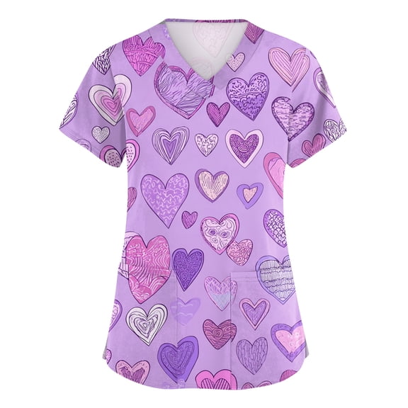 Womens Valentine's Day Scrub Top Cute Heart Print Short Sleeve Vneck Stretch Holiday Scrub Shirt Valentine's Day Caregiver T Shirts