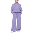 thumbnail image 5 of GiLiling Girls Half Zip 2-Piece Sweatsuit, Mock Neck Pullover Sweatshirt with Thumbholes, Wide Leg Jogger Sweatpants Set, Cozy Tracksuit for Kids (Dark Purple, 5-6 Years), 5 of 9