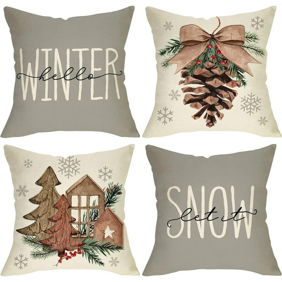 Hello Winter Pine Cone Decorative Throw Pillow Cover Set of 4, Let It Snow Wooden Christmas Tree Cushion Case Decor, Bow-Knot Berry Snowflake Pillowcase Decorations for Sofa Couch 18 x 18