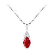 ANGARA Natural Oval Ruby Solitaire Pendant with Trio Diamond in 14K White Gold for Women (Size-6x4mm) | July Birthstone, Birthday, Anniversary, Jewelry Gift for Women | Natural Ruby Necklace