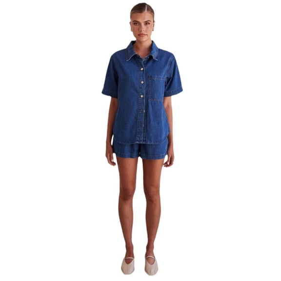 LYMAYTER S-2XL Women Denim Outfits Summer Short Sleeve Button Shirt Set Elastic Waist Shorts Matching Set