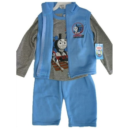 Thomas and Friends Little Boys Gray Blue Train Print Vest Shirt 3 Pc Pants Set