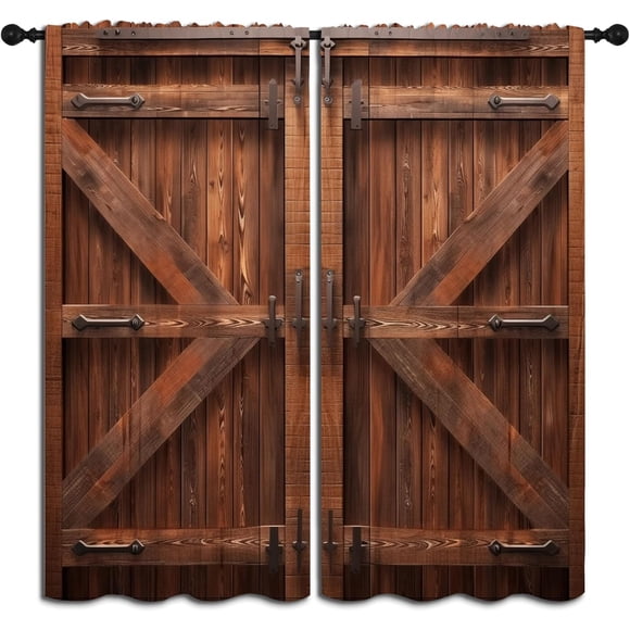 Rustic Barn Wood Door Blackout Curtains, Farmhouse Brown Vintage Theme Thermal Insulated Rod Pocket Window Drapes for Bedroom Living Room Kitchen 53"W x 96"L (Pack of 2)