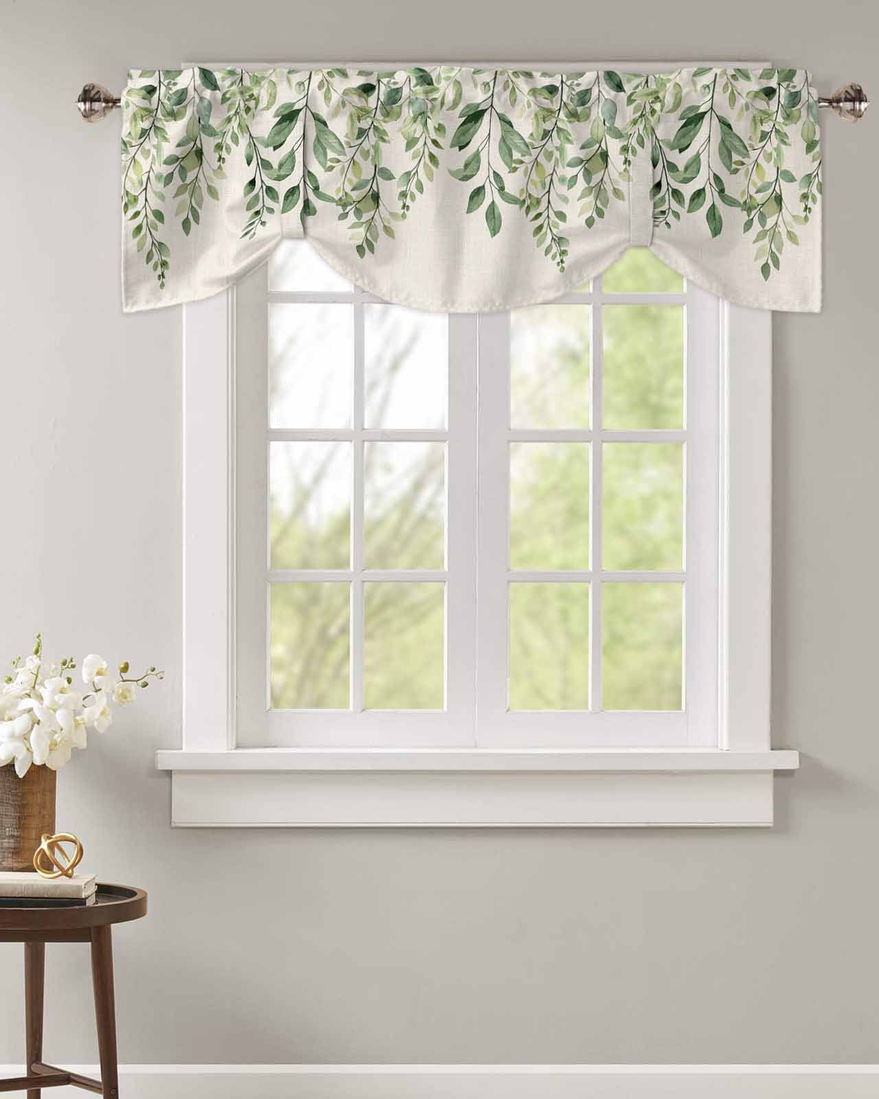 Tie Up Valance Curtain for Kitchen,Spring Green Sage Leaves on Linen Rod Pocket Short Curtains Adjustable Tie-Up Shade Valances,Swirling Leaf Window Treatment for Bathroom Bedroom