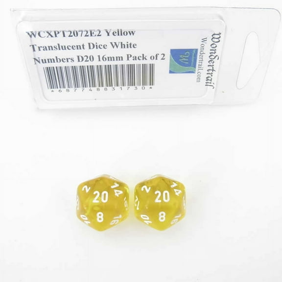 Yellow Translucent Dice with White Numbers D20 Aprox 16mm (5/8in) Pack of 2 Wondertrail