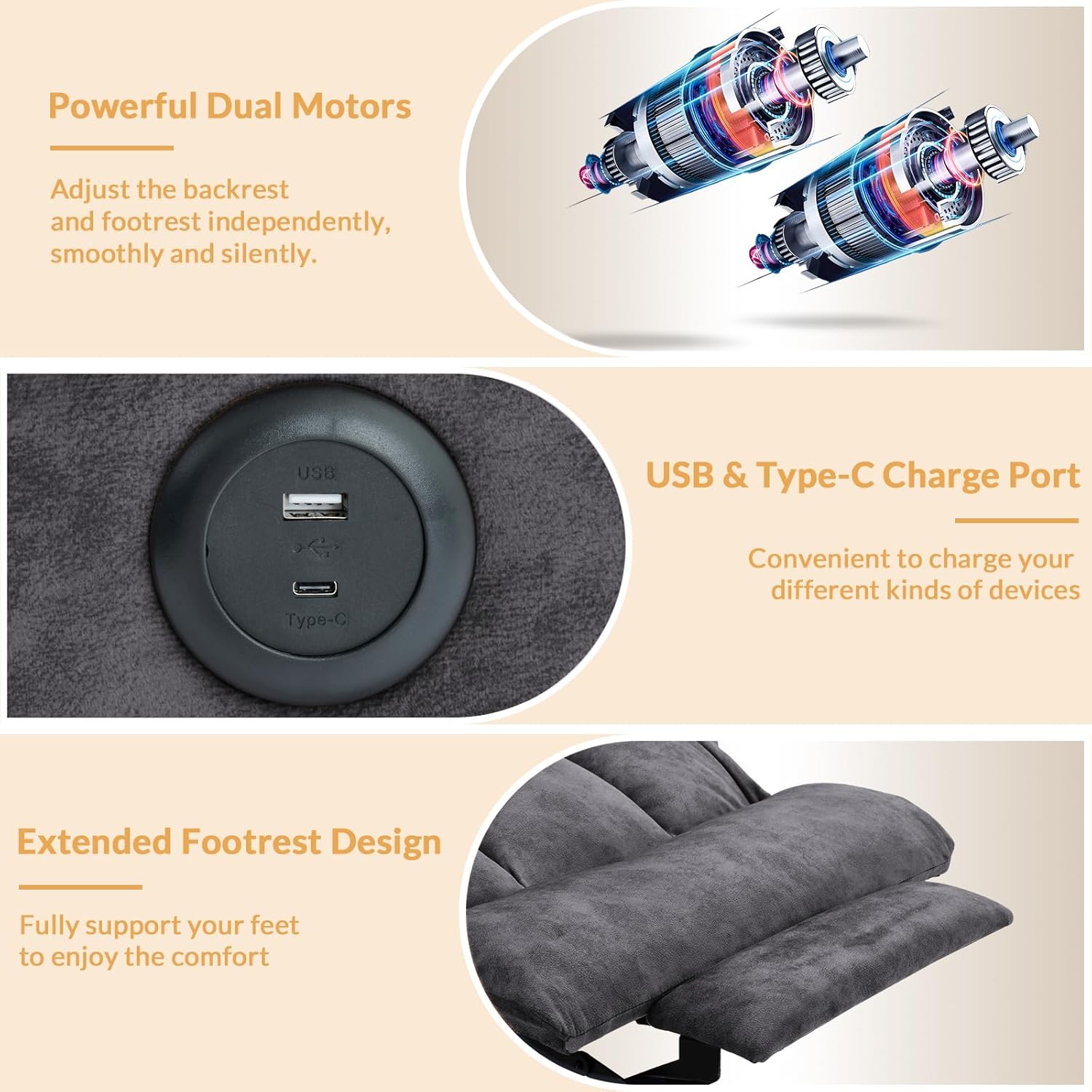 Dual Motor Power Lift Recliner for Big Elderly, Extended Footrest, Large Infinite Position Lay Flat Chair for Living Room with Massage & Heat, Lumbar Pillow, USB & Type-C Ports, Plush-Gray