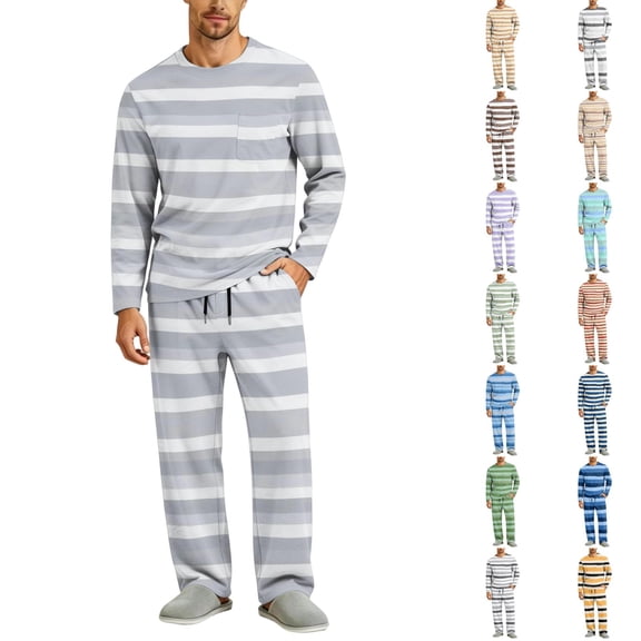 Crew Neck Long Sleeve Striped Pajama Top Matching Button Fly Long Sleep Pants Drawstring Elastic Waist Loungewear For Men