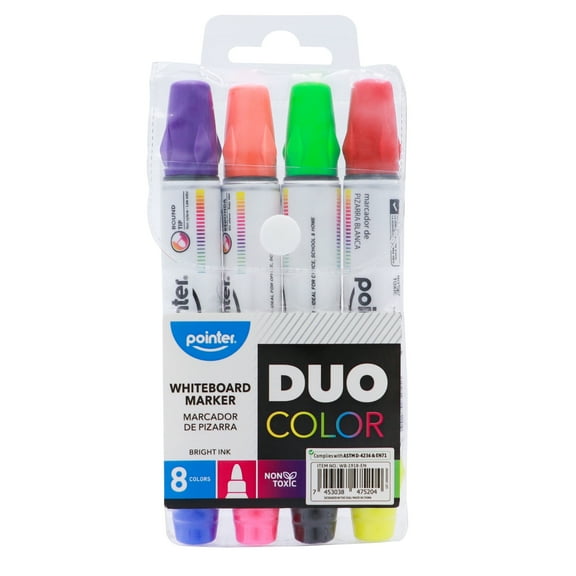 Pointer Duo Color Dry Erase Markers, Round Tip, Assorted Ink Colors, 4 Count (4 pack), for Whiteboards and Classroom Use