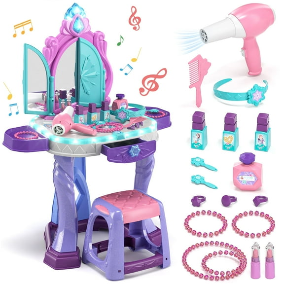 Pretend Play Girls Makeup Table Set with Mirror and Chair, Toddler Kids Girls Vanity with Accessories and Lights and Music for Toddlers 2 3 4 5 Years Old Girls