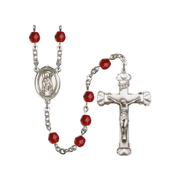 St. Ronan Silver-Plated Rosary 6mm July Red Fire Polished Beads Crucifix Size 1 5/8 x 1 medal charm