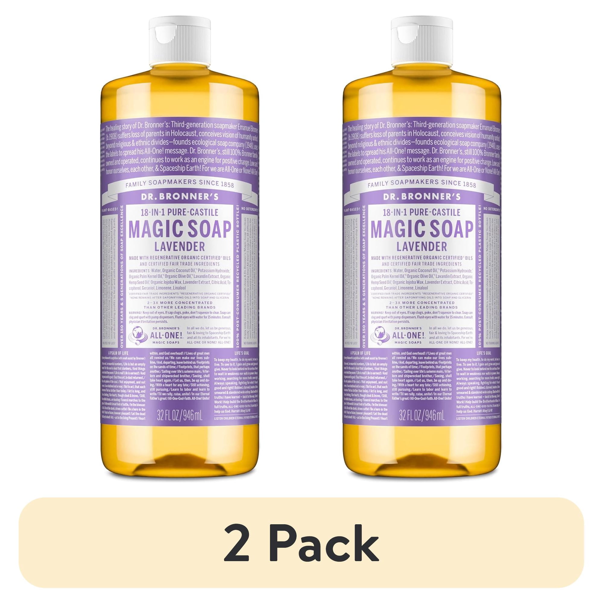 (2 pack) Dr.Bronner's Magic Soap, Lavender, Pure-Castile Body Wash Liquid Soap, 32 fl oz