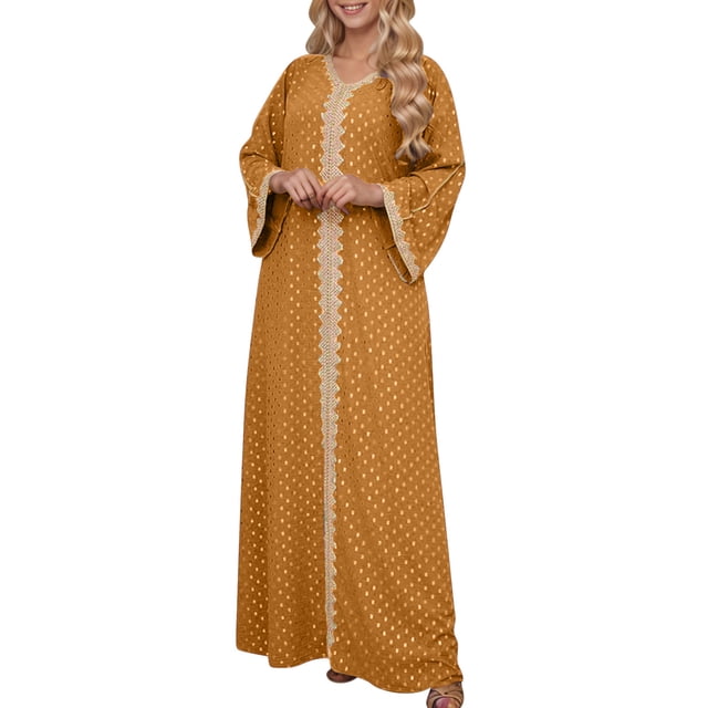 Robe Abaya Musulmane Femme Col en V Kaftan Prière Islamique Robe Brodée Bronzante Robe Longue Soirée Vacances