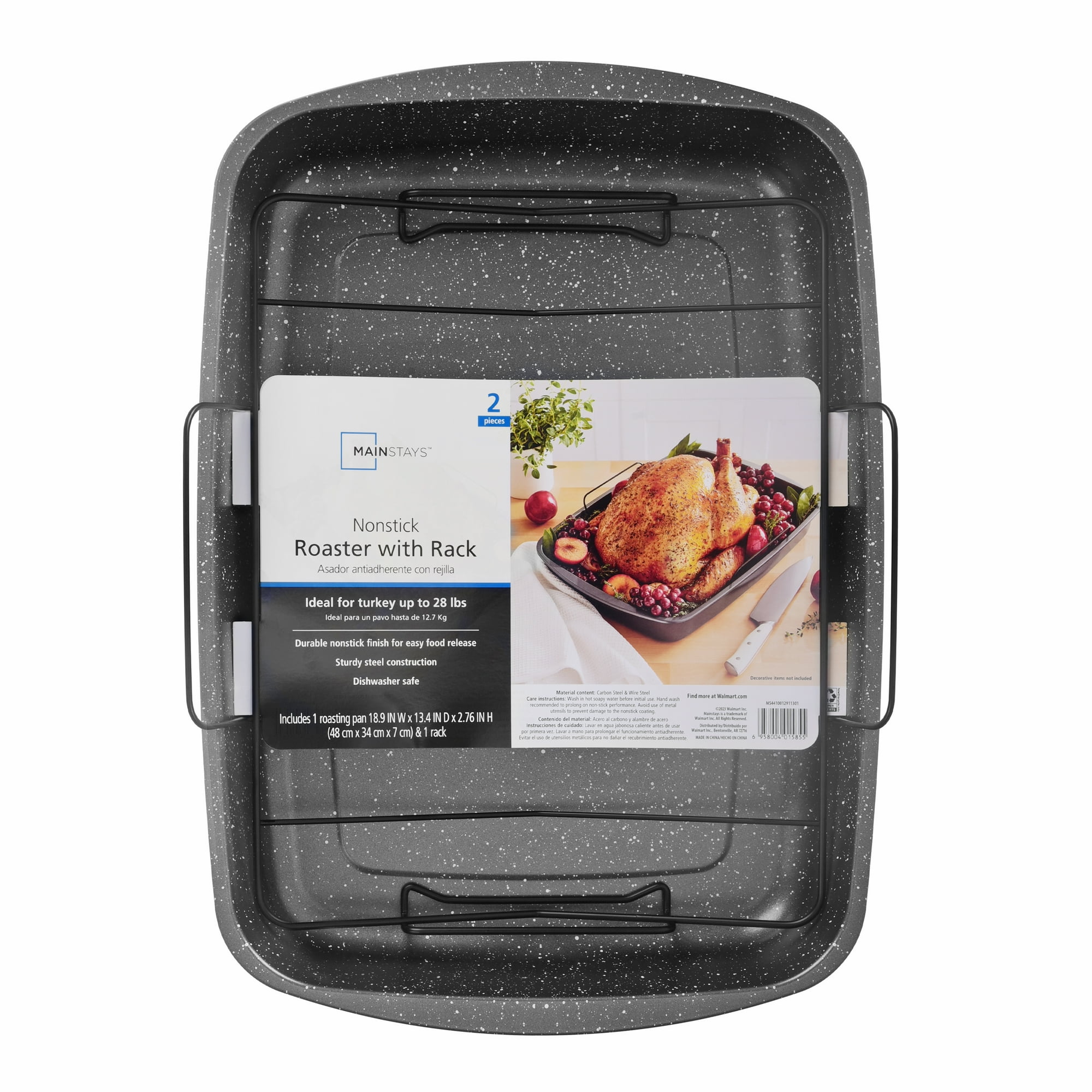 Mainstays Rectangle 18.9" Non-Stick Carbon Steel Grey With Speckle Roaster Pan & Wire Rack Gauge on 0.5 mm Thickness