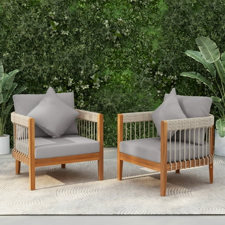Christopher Knight Home Outdoor Woven Rope Lounge Chair with Cushions, Solid Wood Frame, Grey, Set of 2