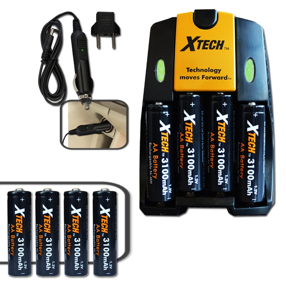 8 Pack AA NiMH Batteries 3100nAh with Wall and Car Charger 110-240v 