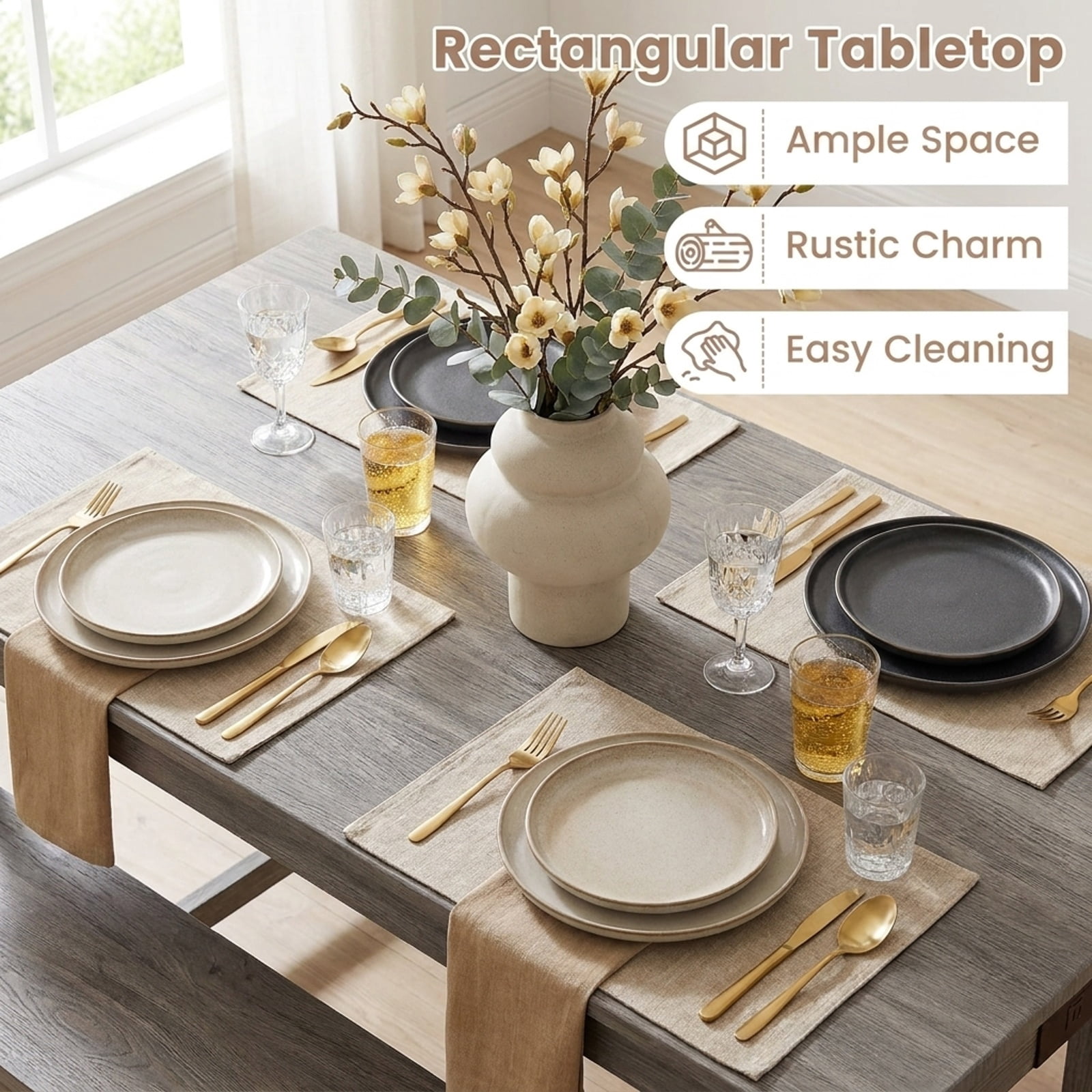 Furnibear 4-Piece Counter Height Dining Table Set with Power Outlet Solid Rubber Wood Kitchen Table for Kitchen Dining Room Breakfast Nook Home, Gray