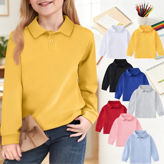 Mfakffe Girls Polo Shirt Back To School Long Sleeve School Uniform Fall Casual Shirts Vacation Lapel Collar Tops (Yellow, 6-7 Years)