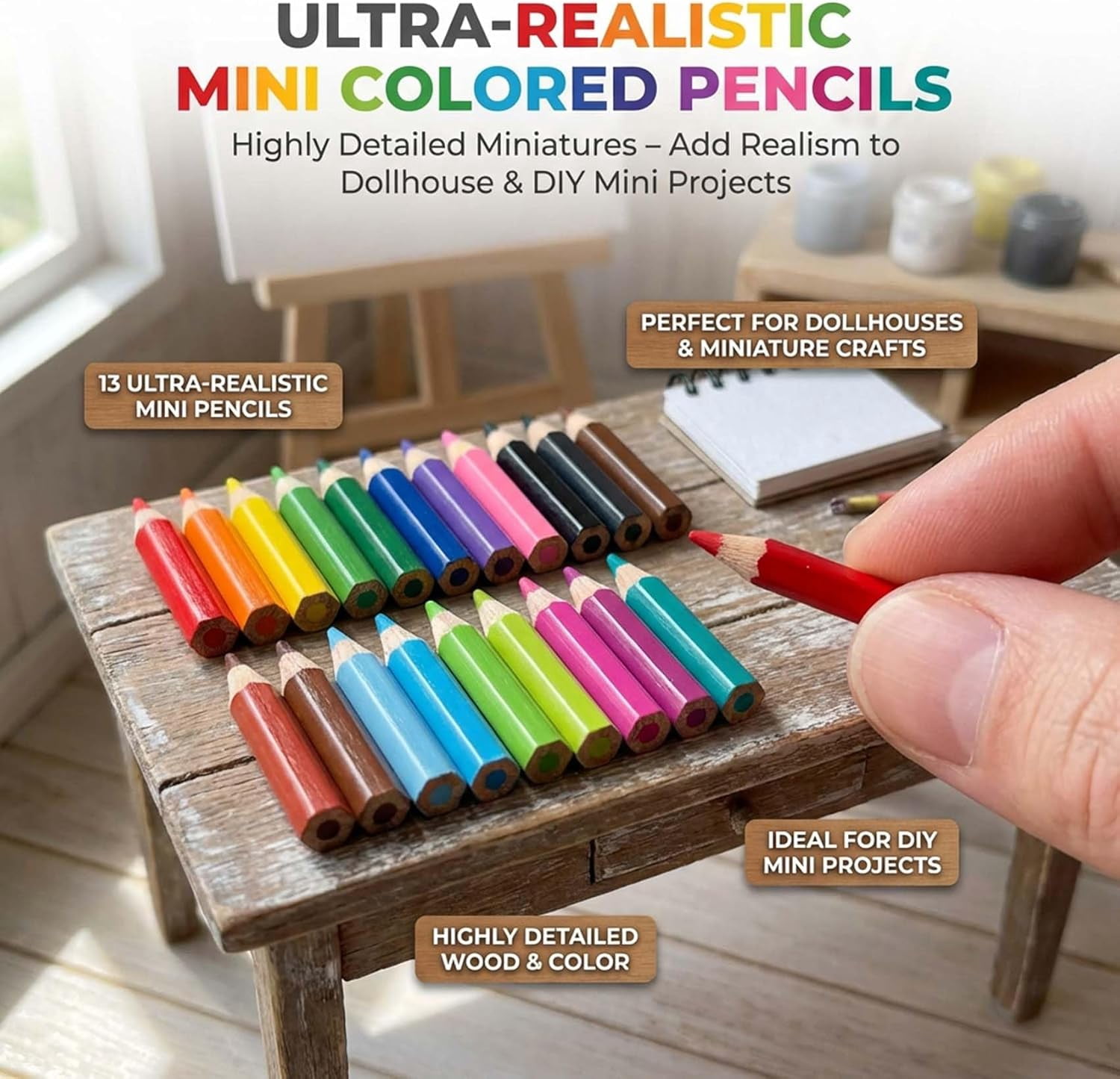 13-Piece Mini Colored Pencil Set for Dollhouse, Mini Desk Accessories for DIY Crafts