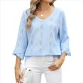 thumbnail image 3 of Camiseta de Mujer con Cuello en V, Mangas 3/4 con Volantes y Ojales, Blusa Informal, Estilo Túnica, Tendencia 2025 Azul M, 3 of 9