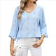 thumbnail image 3 of Camiseta de Mujer con Cuello en V, Mangas 3/4 con Volantes y Ojales, Blusa Informal, Estilo Túnica, Tendencia 2025 Azul XL, 3 of 9