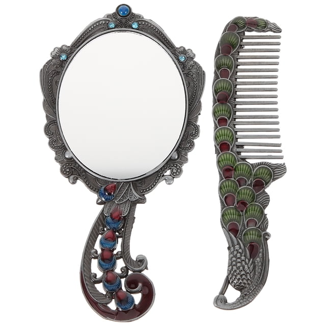 2pcs Vintage Makeup Mirror and Comb Portable Travel Handheld Vanity Mirror