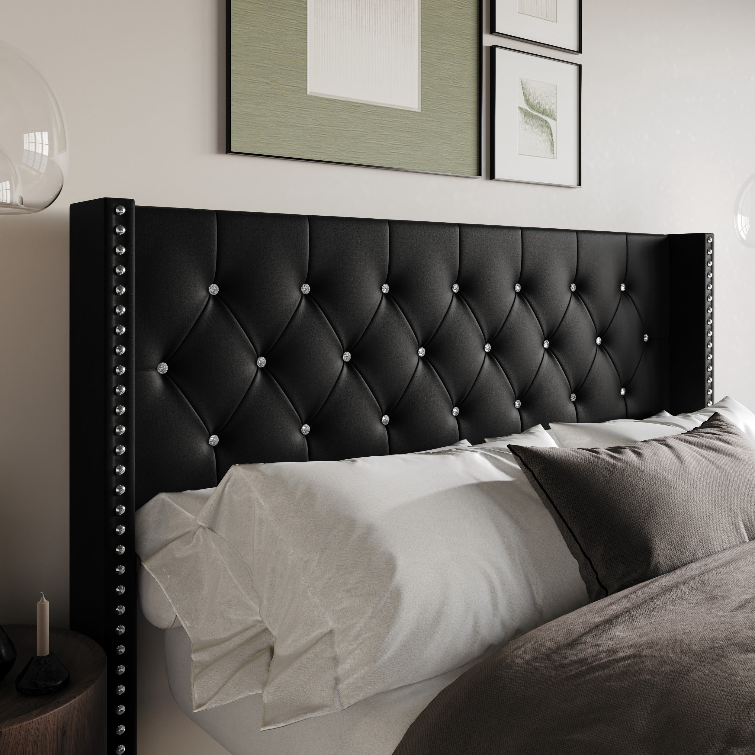 Home Design Gretna King Wingback Tufted Upholstered Headboard with Nailhead Trim, Black
