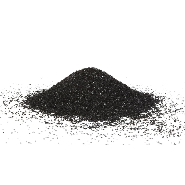 20 lbs bulk coconut shell water filter granular activated carbon charcoal displayed in a close-up pile. This premium-grade coconut carbon media is suitable for residential and commercial water filtration systems, offering enhanced chlorine removal, absorption of volatile organic compounds, and improved taste and odor in drinking water. Commonly used as replacement filter media.