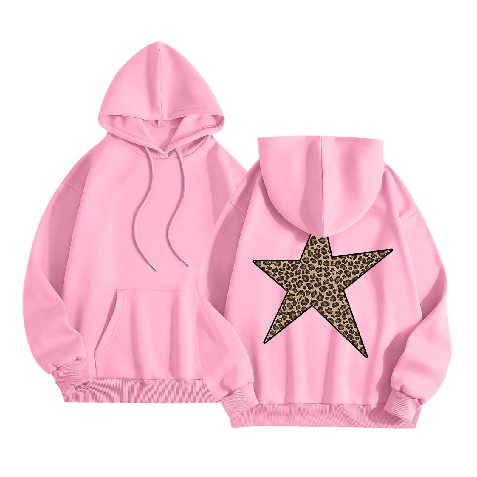 Women s Star Graphic Hoodies Oversized Y2k Leopard Print Hooded Sweatshirt Graphic Hoodie Streetwear Casual Pullover Tops Pink XXL