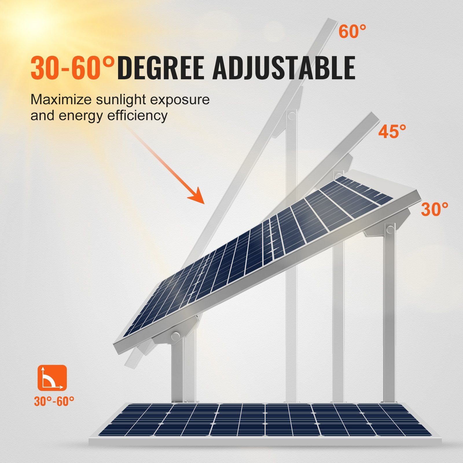 VEVOR Solar Panel Mounting Brackets, 30-60 Adjustable Multi-Pieces Solar Panel Brackets for 1-4PCS Solar Panels, Carbon Steel Ground Mount Solar Panel Stand for Farms, RVs, Boats, Off-Grid System