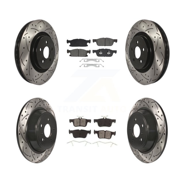 Transit Auto Front Rear Coated Drilled Slotted Disc Brake Rotors and Semi-Metallic Pads Kit for Car 2017 Lincoln Continental with 14mm Wheel Lugs KDS-100972