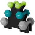 thumbnail image 1 of SONGMICS Juego de 3 Pares de Mancuernas con Soporte, 2 x 1 kg, 2 x 2 kg, 2 x 3 kg, Antideslizante, Verde Claro, Verde Agua y Gris Claro, 1 of 5