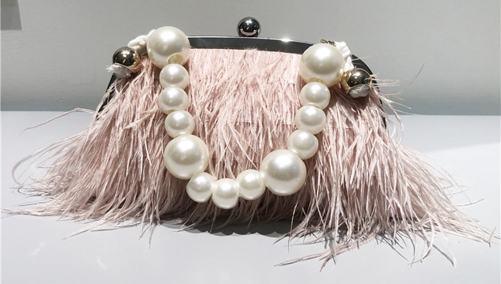 Vintage Fluffy Ostrich Feather Evening bags and Clutches for Women Pearl Chain Tote bags Bridal Purses Wedding Party Pink
