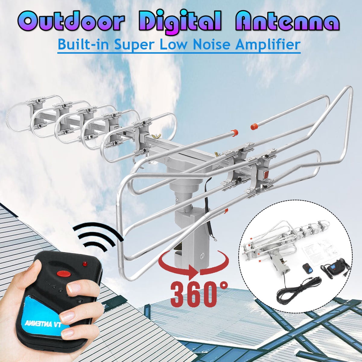 Long Range 1080P Outdoor Amplified Antenna TV 360 Rotor 38dB UHF//VHF//FM 180Miles