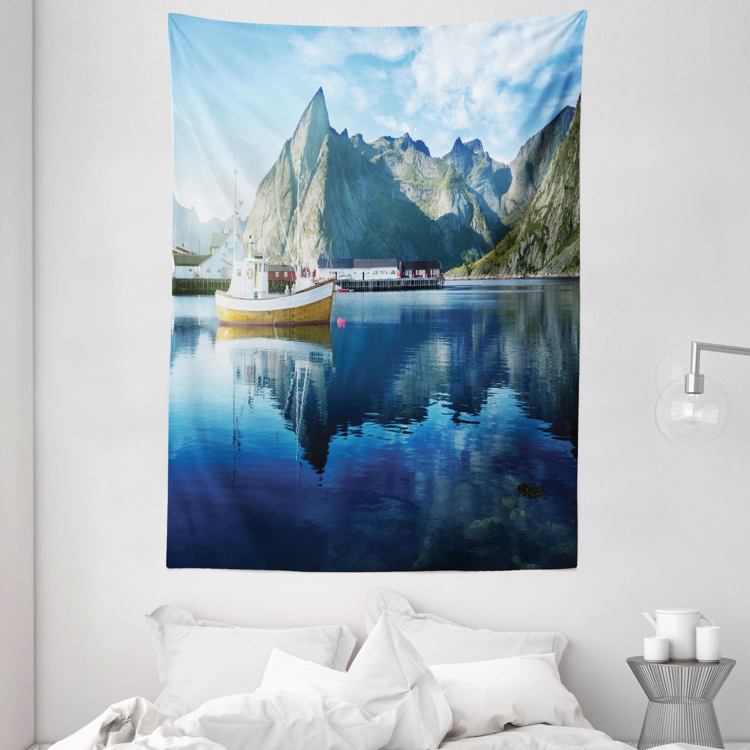 40 W x 60 L Inches Blue Sunset in Norwegian Lake by Fjords Formation Yacht Fishing Arctic Harbor Island Ambesonne Farm House Decor Tapestry Wall Hanging for Bedroom Living Room Dorm 