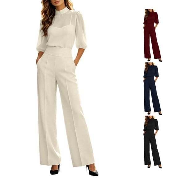 Jane Wardrobe Dressy, Mock Neck Puff 3/4 Sleeve 3 Piece Outfit, Chiffon And Stretch Suit Fabric Wide Leg Pants , Mother Of The Bride Pant Suits, XS‑XXXL Plus Size Friendly, 2 Tops 1 Pant Set