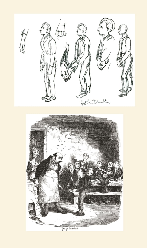 Top sketch by George Cruikshank is a study for Oliver Twist Asking For More and the bottom one is the final published drawing From The Strand Magazine published 1897 Canvas Art - Ken Welsh Design Pic