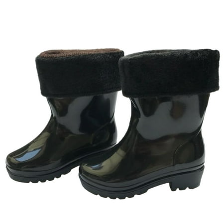 Meresysid Toddler Kids Boys Shoes Rain Bootsd With Fleece Water Boots Children Unisex Rain Shoes Soft Rubber Boots Non Slip Black